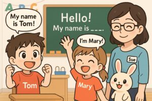 英語教室で「My name is Tom!」「I'm Mary!」と自己紹介する子どもたちと、笑顔の先生とバニーのイラスト。