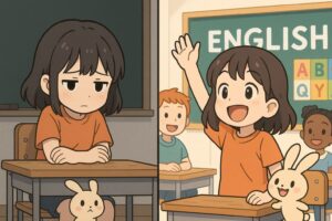 日本の教室で不安そうな表情を見せる女の子と、海外の英語教室で笑顔で手を挙げる同じ女の子。そばにはいつも一緒のうさぎ・バニー。