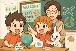 英語教室で地球儀や英単語カードを見ながら、世界への興味を広げる子どもたちとバニー、そして笑顔の先生 