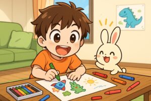 クレヨンで絵を描く小学生の男の子と笑顔のうさぎ・バニー