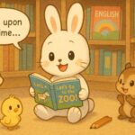英語の絵本を読み聞かせする白いうさぎと図書館で英語に親しむ子ども動物たちのイラスト