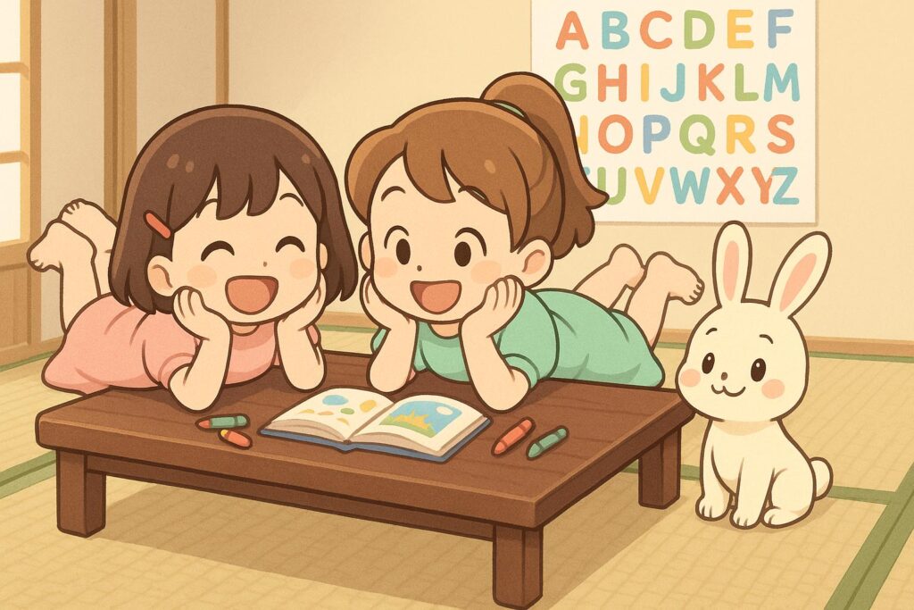 和室の四角い座卓の上で寝そべり、笑顔で英語の絵本を見る2人の幼児と、そばで見守る白いうさぎキャラクター・バニーのアニメ風イラスト