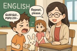一生懸命に先生の英語を真似する男の子