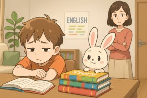 英語の絵本の前でうつむく男の子と、それを見守る母親、にっこり微笑むバニーのイラスト。