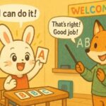 英語カードを手に喜ぶ白うさぎと、それを褒めるきつねの先生が描かれた幼児英語教室のイラスト