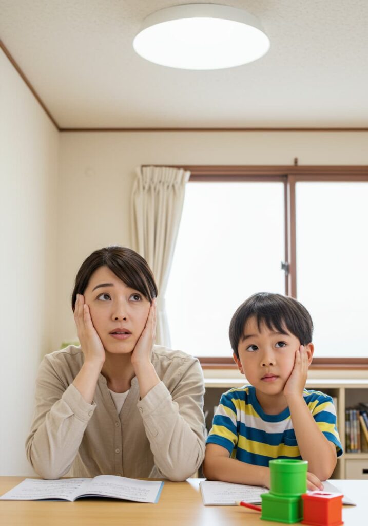 お母さんと子どもがリビングルームのテーブルに肘をついて、困ったかををしている