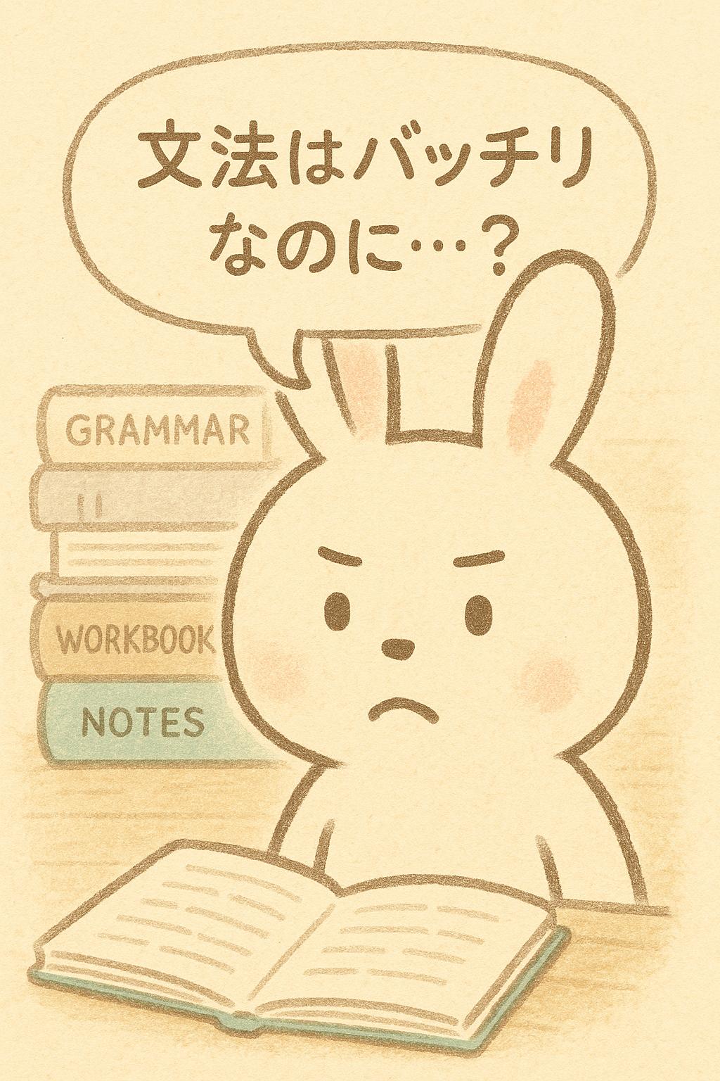 文法の勉強をしっかりしているのに英語が伝わらないことに悩むうさぎキャラクターのイラスト