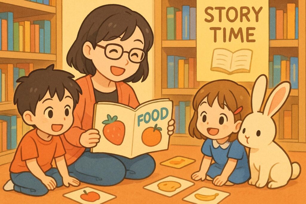 図書館の「Story Time」で、眼鏡をかけた日本人女性が笑顔で「FOOD」と書かれた絵本を読み聞かせし、男の子と女の子、白いバニーが楽しそうに聞いているアニメ風イラスト。