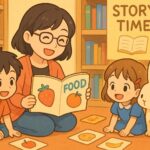 図書館の「Story Time」で、眼鏡をかけた日本人女性が笑顔で「FOOD」と書かれた絵本を読み聞かせし、男の子と女の子、白いバニーが楽しそうに聞いているアニメ風イラスト。