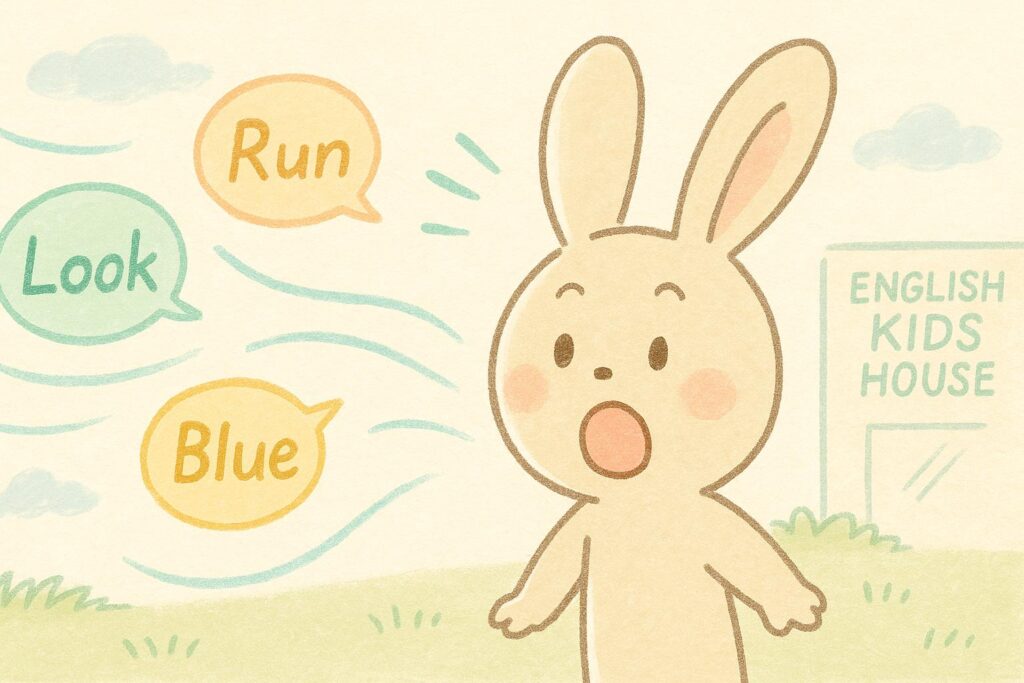 英語の単語が風に乗ってうさぎキャラクターの耳に届き、驚いた表情を浮かべるイラスト