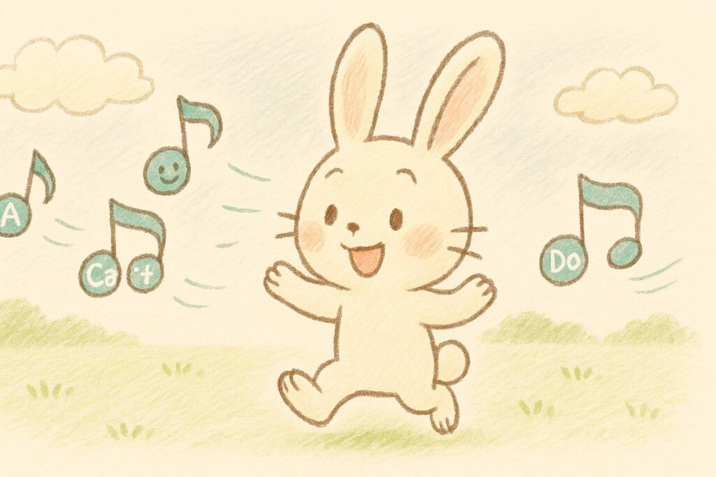 音符にのった英語の言葉を追いかける、耳を立てたうさぎキャラクターの楽しいイラスト