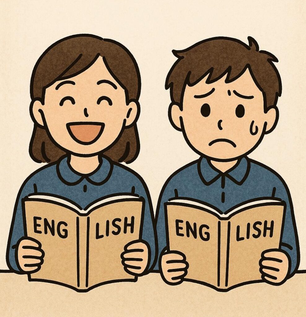 同じ教科書を開いているのに、片方の子は笑顔で自信たっぷり、もう片方の子は困った顔や混乱している顔。