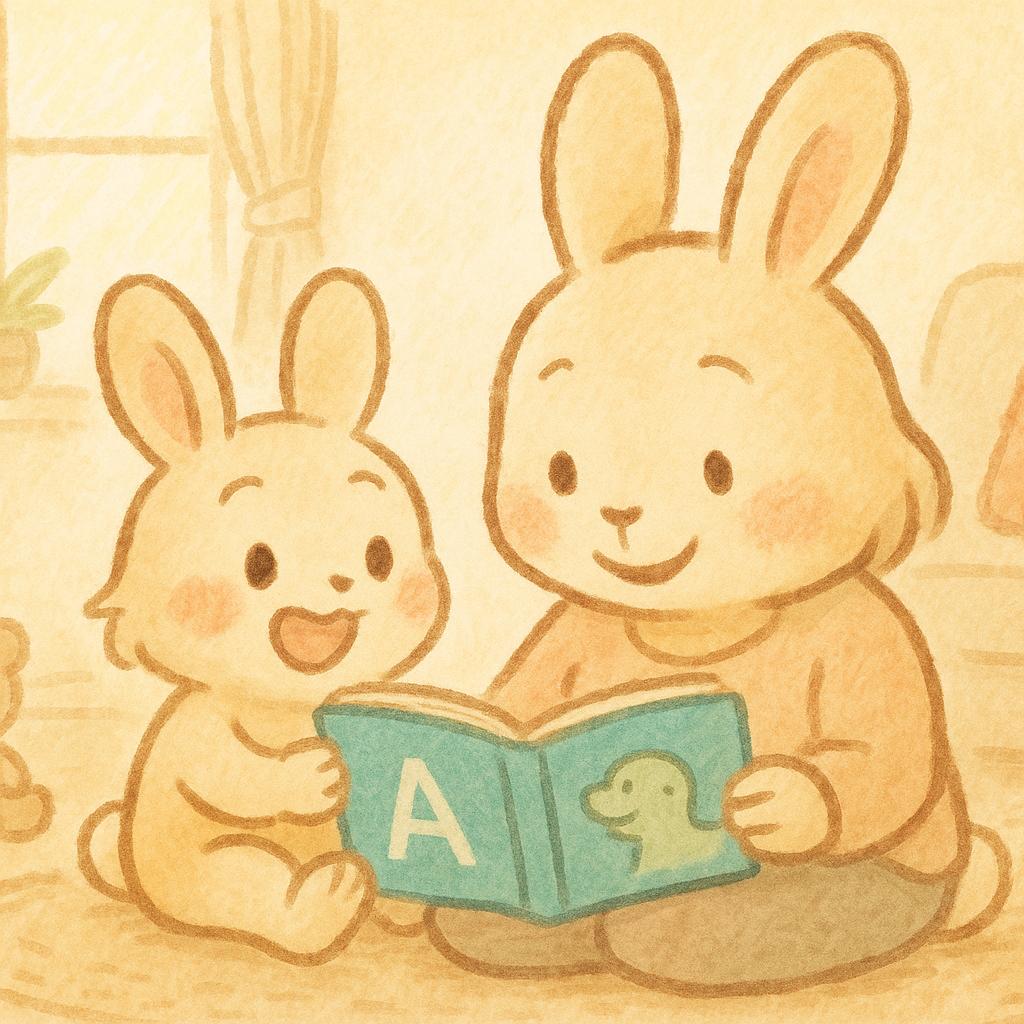 うさぎの親子が絵本を通じて言葉を学んでいる、あたたかい読み聞かせのイラスト