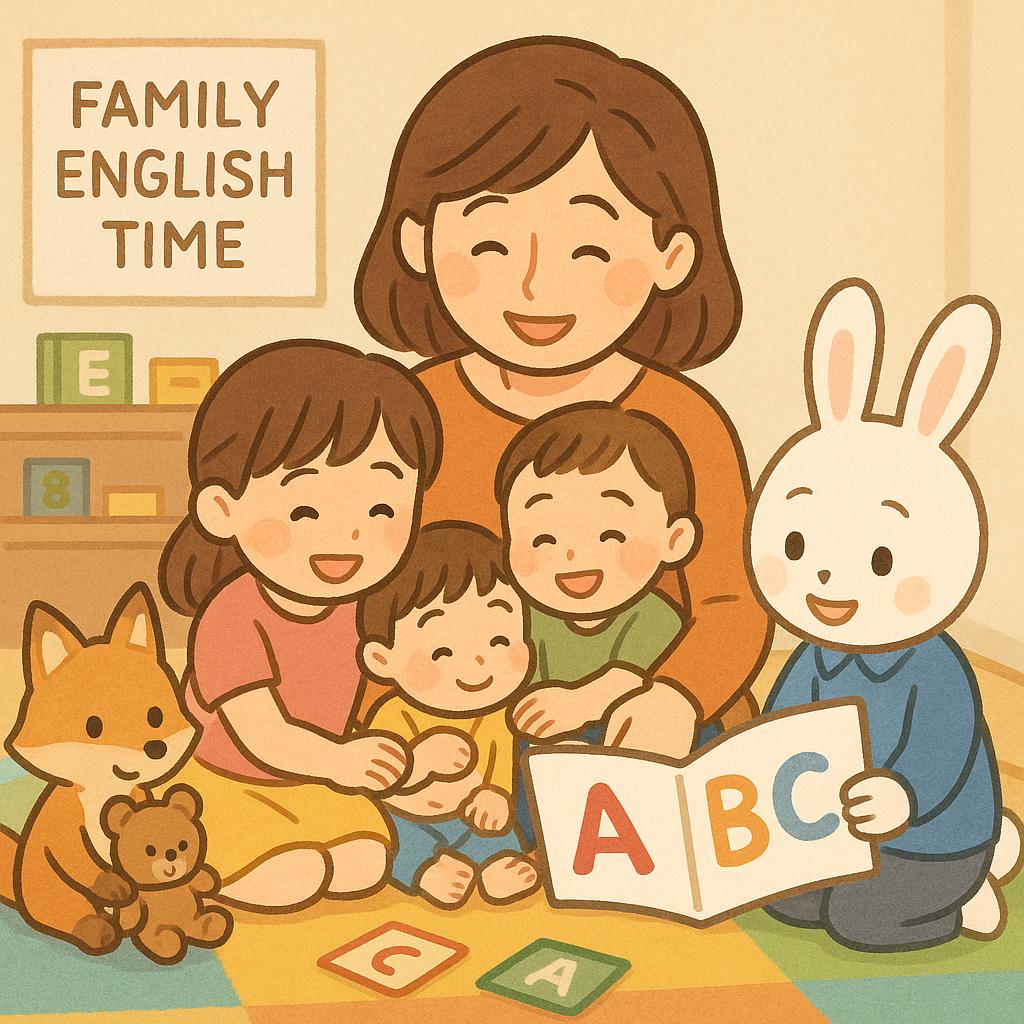 お母さんと3人の子どもが笑顔で英語の絵本を楽しんでいる様子